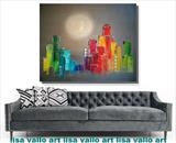 Sunset City Rainbow WAS £450 by lisa vallo art, Painting, Mixed Media on Canvas